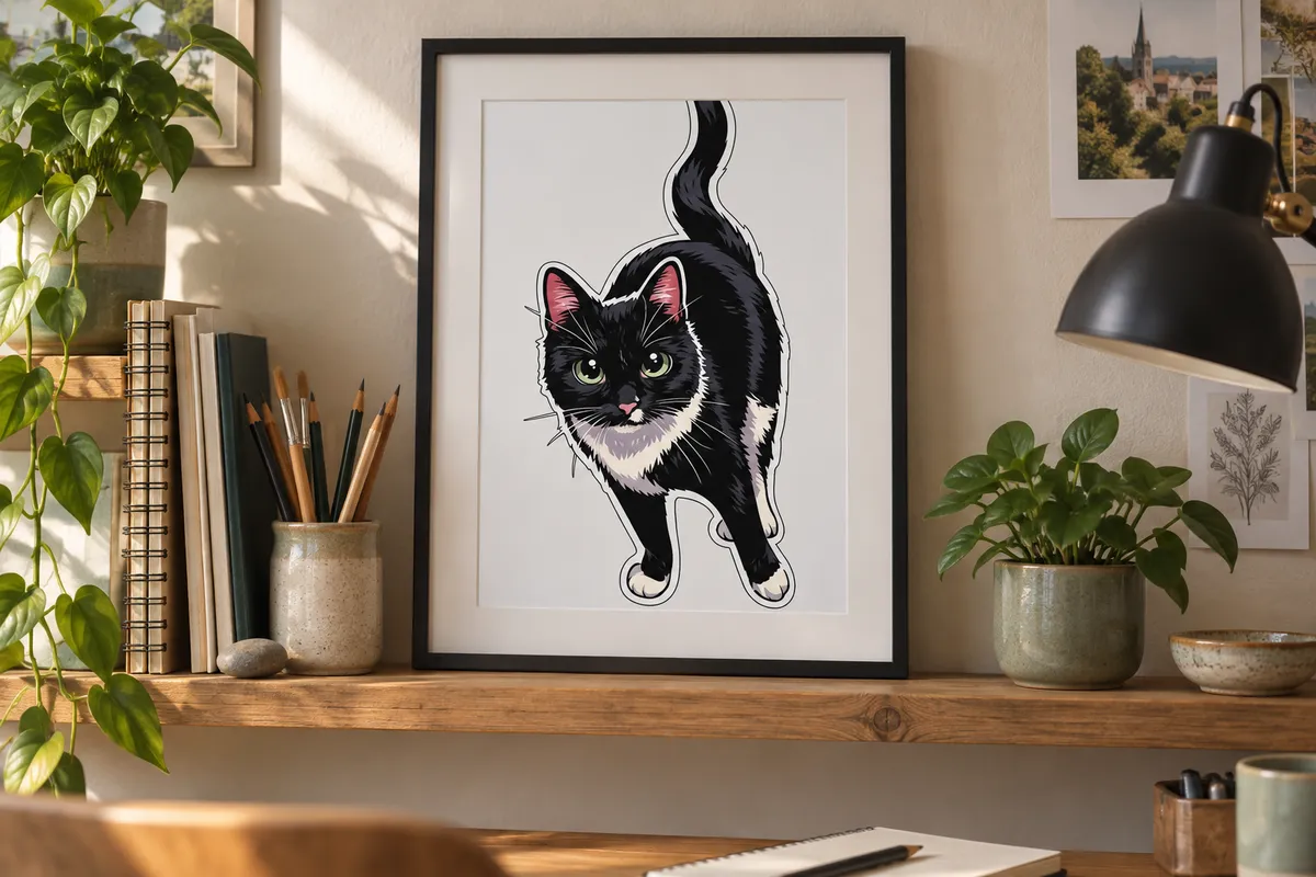 An anime-style pet portrait of a black-and-white cat as a framed print on a shelf above a desk in a home studio