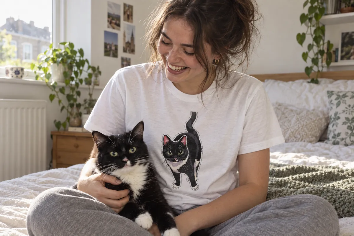 A woman laughing on her bed wearing a custom cat t-shirt of her black-and-white cat, with the cat on her lap