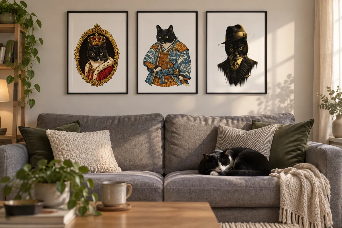 Three custom cat portraits, royal, samurai and mobster, framed in a row above a sofa with a cat asleep below