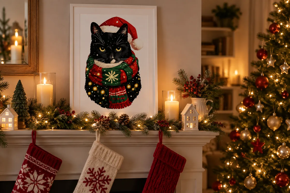 A Christmas pet portrait of a cat in a Santa hat and scarf as a framed print on a mantelpiece with stockings, fairy lights and a Christmas tree