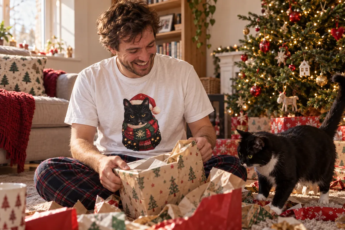 A man opening presents by the Christmas tree in a white t-shirt printed with a Christmas portrait of his black-and-white cat, the cat beside him