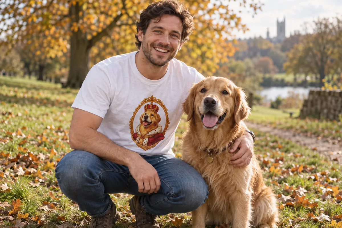 A man in a park wearing a custom dog t-shirt printed with his golden retriever's royal portrait, with the dog beside him