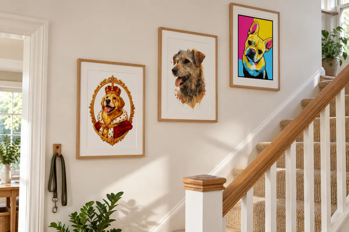 Three custom dog portraits, royal, watercolour and pop art, framed as a gallery wall up a staircase