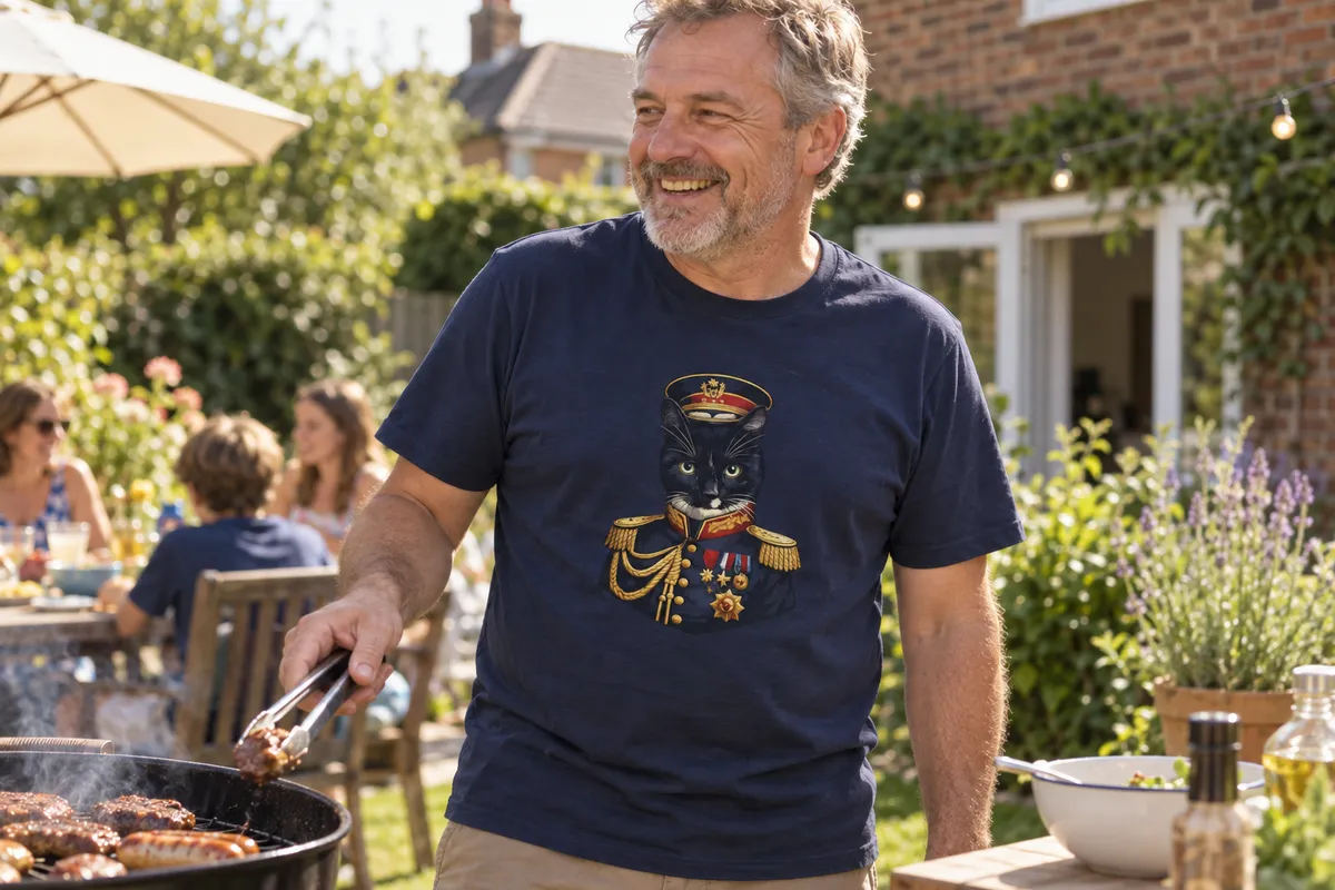 A man at a garden barbecue wearing a navy t-shirt printed with a portrait of his cat as a military general
