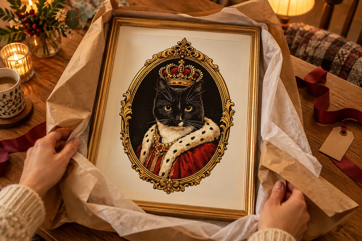 Hands unwrapping a personalised pet gift: a framed royal portrait of a black-and-white cat