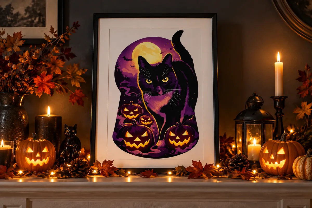 A Halloween pet portrait of a black cat as a framed print on a mantelpiece decorated with glowing jack-o’-lanterns, candles and autumn leaves