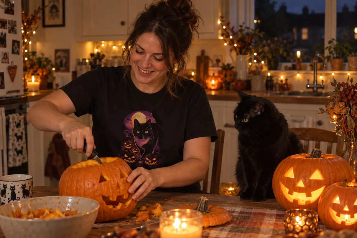 A woman carving a jack-o’-lantern at her kitchen table, wearing a black t-shirt printed with a Halloween portrait of her black cat, with the cat watching