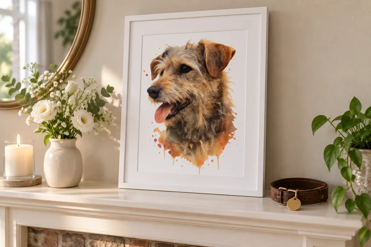 A watercolour pet memorial portrait of a terrier, framed on a mantelpiece beside a candle, flowers and the dog's collar