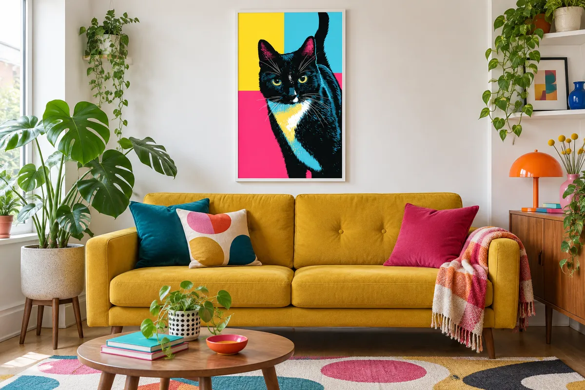 A pop art pet portrait of a black-and-white cat as a framed print above a mustard sofa in a colourful living room