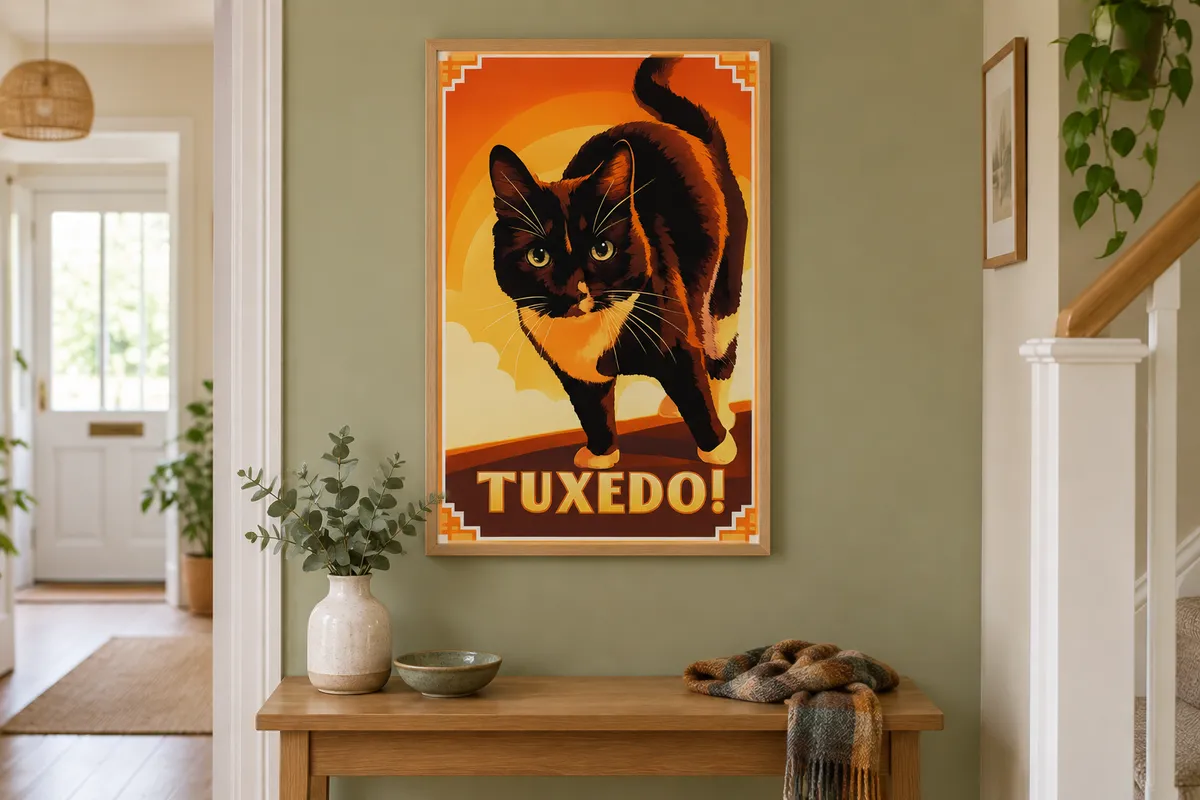 A custom pet print of a tuxedo cat in vintage travel poster style, framed in oak on a hallway wall