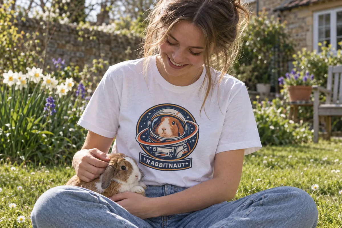 A woman in a spring garden wearing a t-shirt printed with an astronaut pet portrait, holding her pet rabbit
