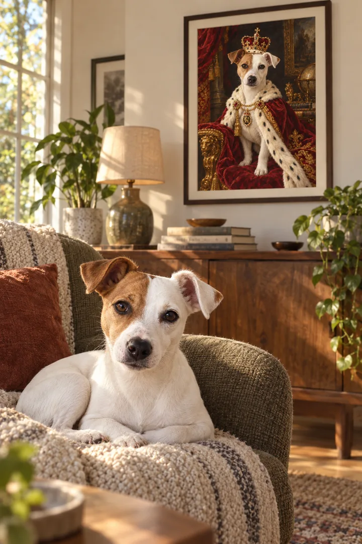 A royal portrait of a Jack Russell terrier as a framed print above a sideboard, with the same dog curled up on an armchair in front of it