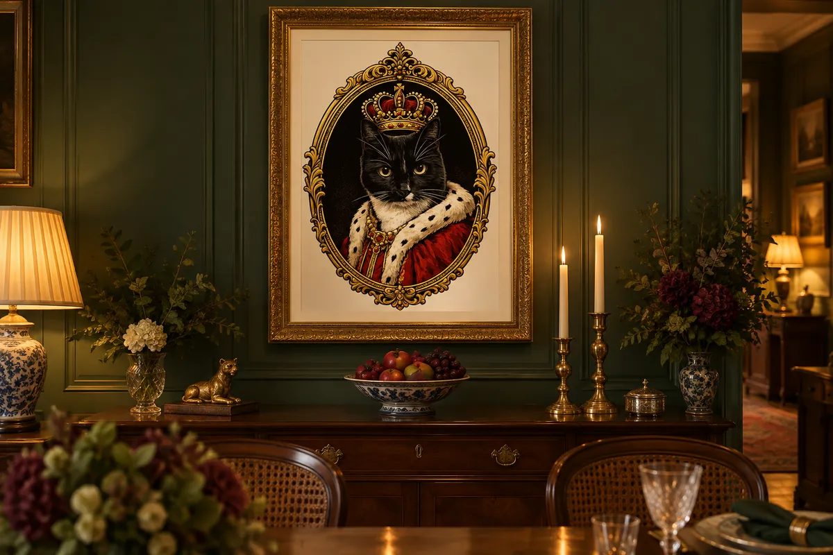 A royal pet portrait of a cat in a crown and ermine robe, in an ornate gold frame on a green panelled dining room wall