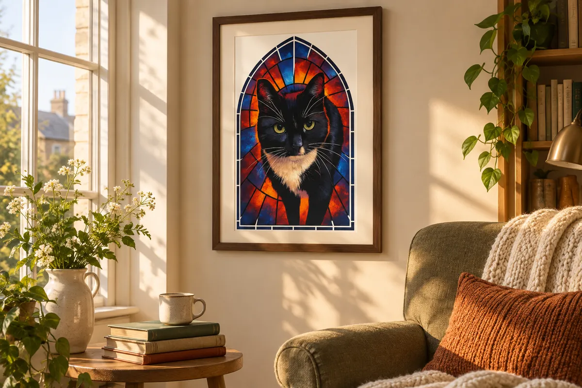A stained-glass style pet portrait of a black cat as a framed print in a sunlit reading nook